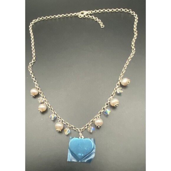 Sterling Silver Necklace Heart Natural Pearl AB Crystal Rolo Chain 16 + 1.5" - Picture 2 of 6